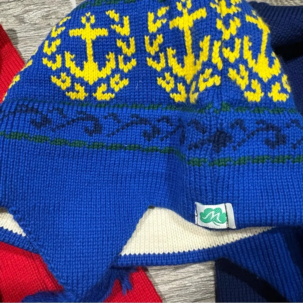 Vtg 100% Wool Handknit Scarf Hat Set Red Blue Nautical Tassel Fringe Vermont